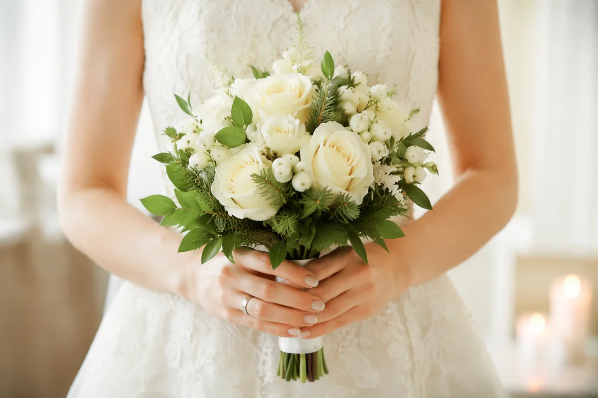 White Rose Bridal Bouquet in Ivory Lace