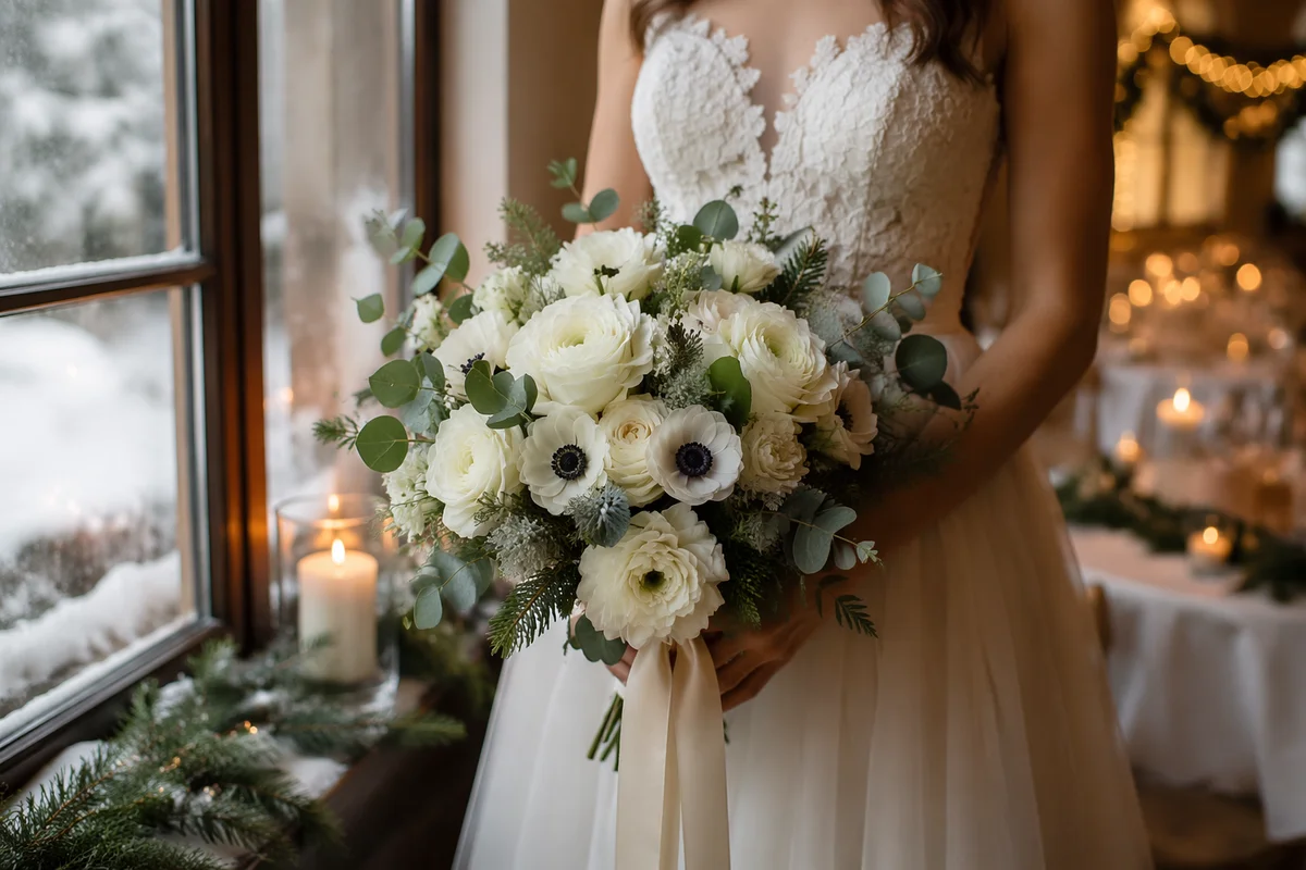 Winter Bride Holding White Wedding Bouquet