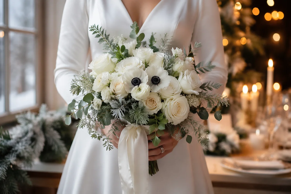 Winter Bride Holding White Wedding Bouquet
