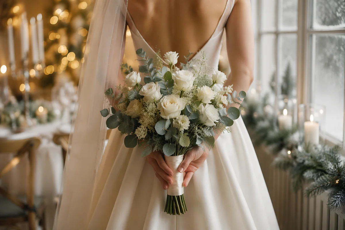 Winter Bride Holding White Wedding Bouquet
