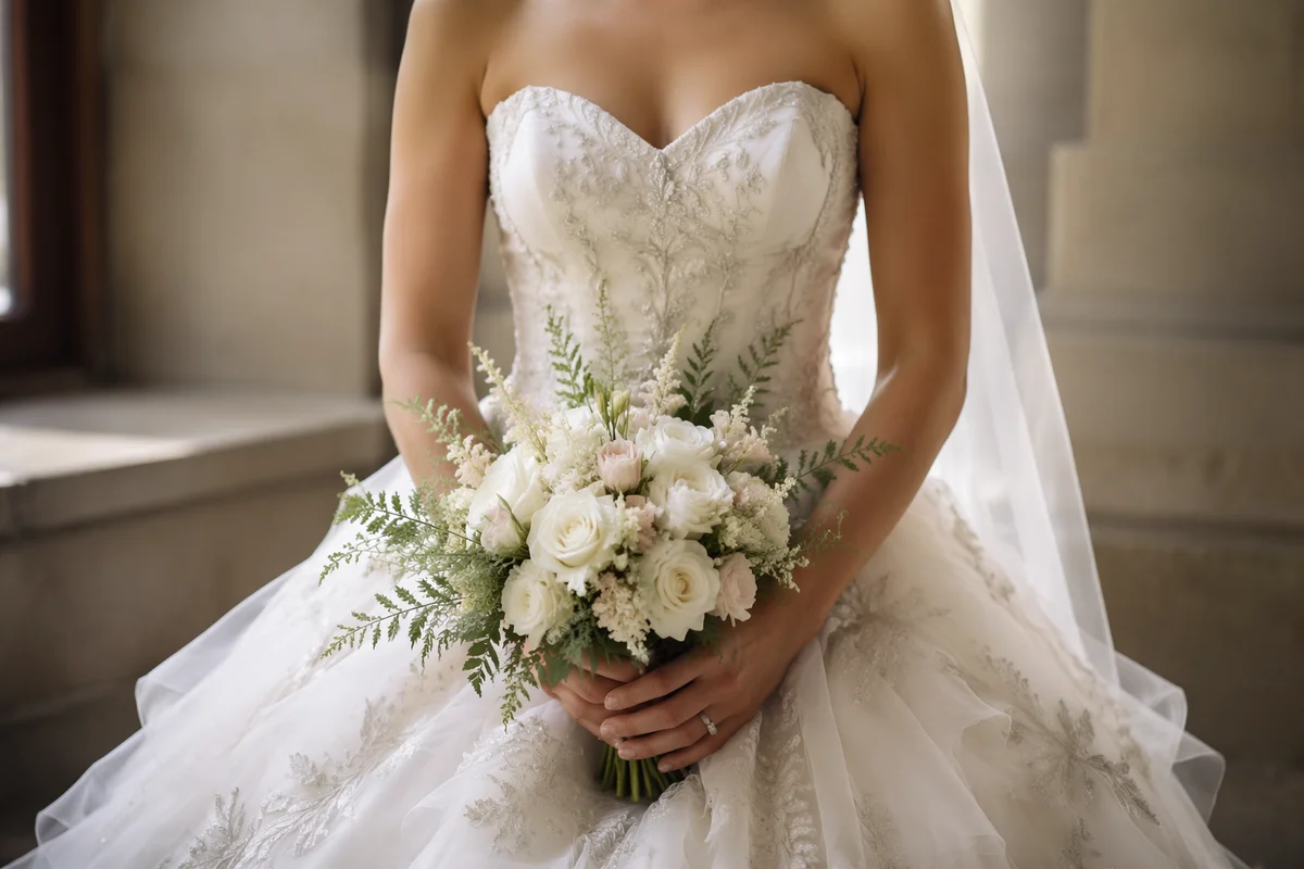 Elegant Bride Holding White Wedding Bouquet