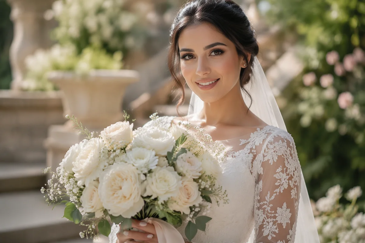 Bride Holding White Wedding Bouquet Outdoors
