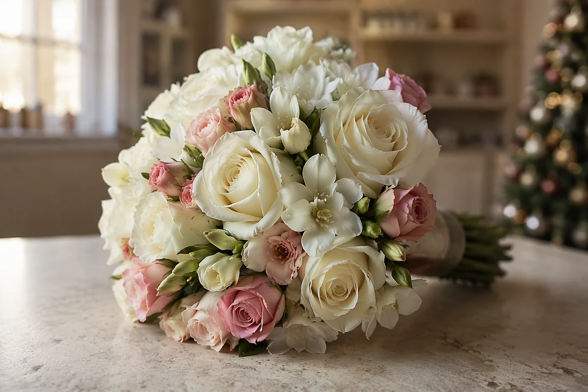 Holiday Bridal Bouquet with White Roses
