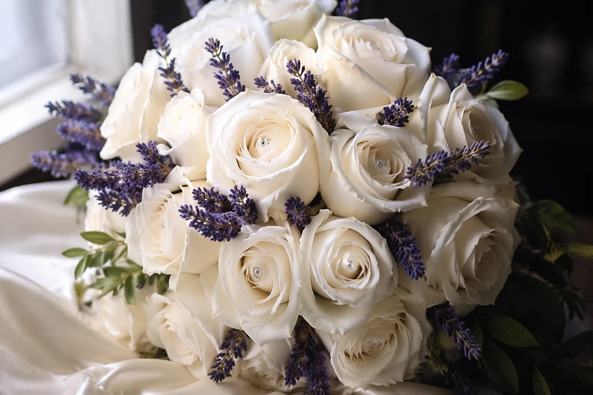 White Rose Bridal Bouquet with Lavender