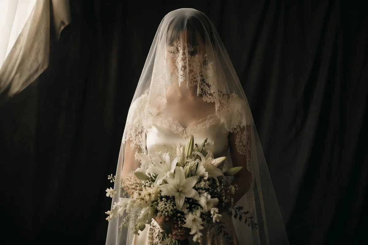 Veiled Bride Holding White Lily Bouquet