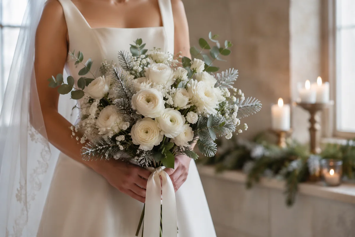 Winter Chapel Bride with White Bouquet