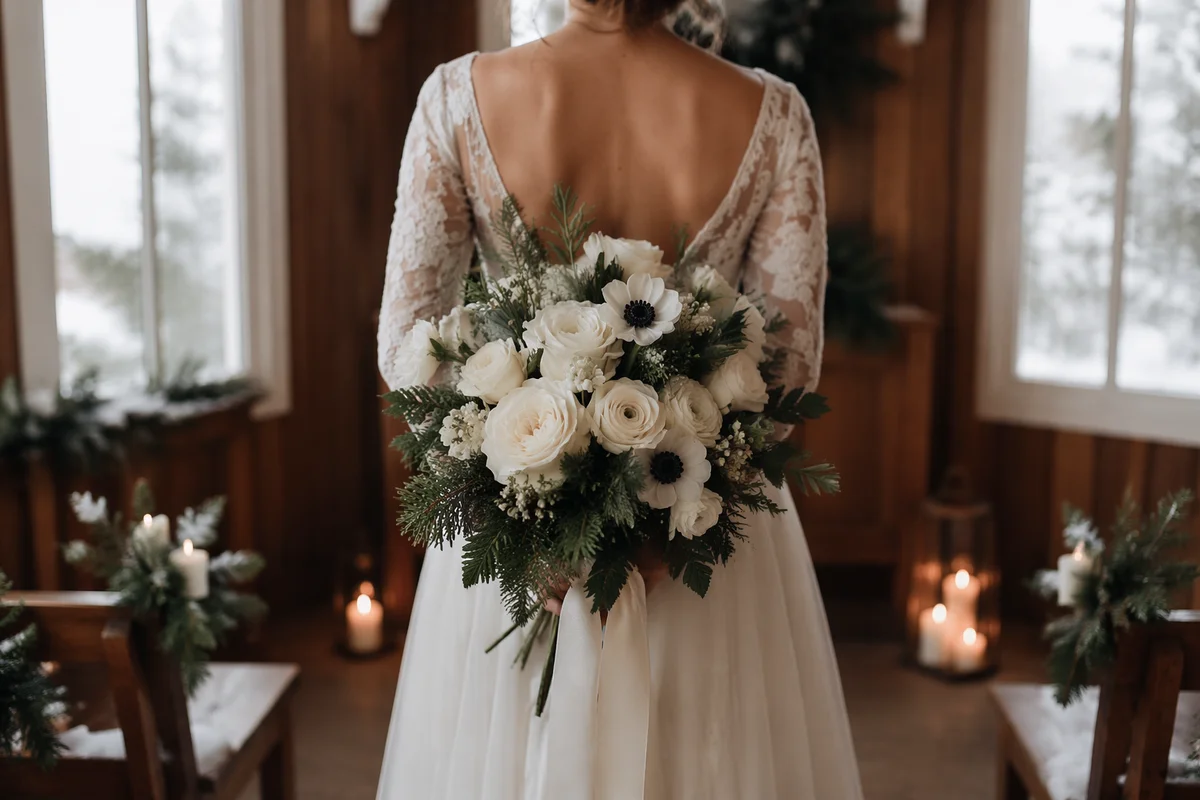 Winter Chapel Bride with White Bouquet