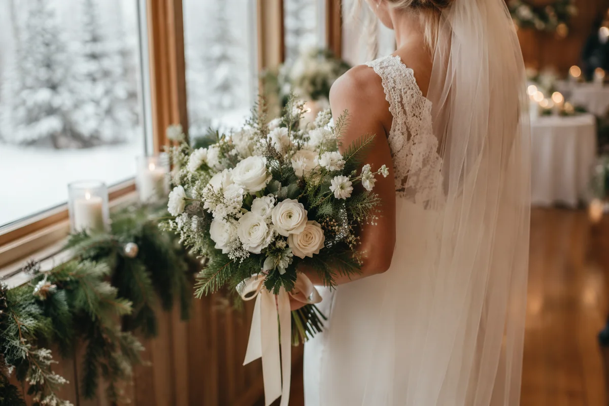 Winter Wedding Bouquet with White Roses