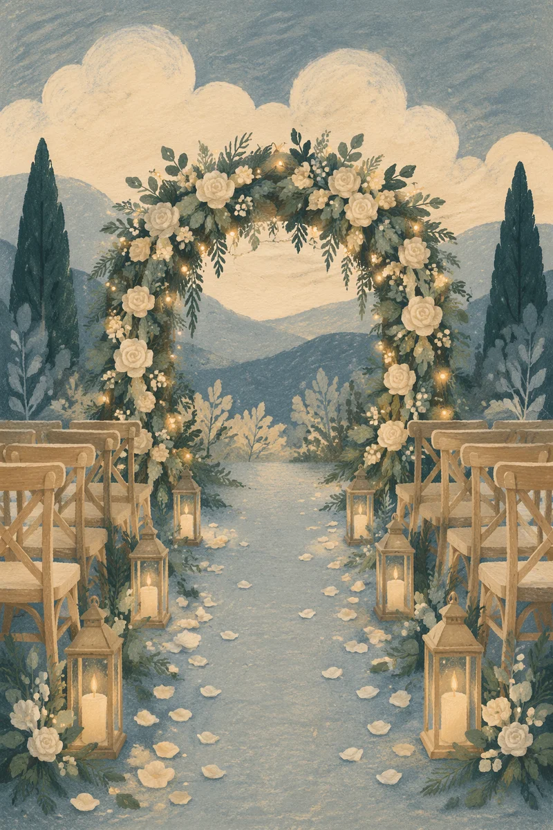 Outdoor Winter Wedding Floral Arch at Golden Hour