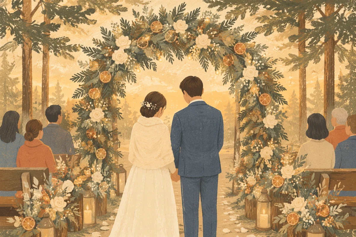 Holiday Wedding Floral Arch in Evergreen Garden