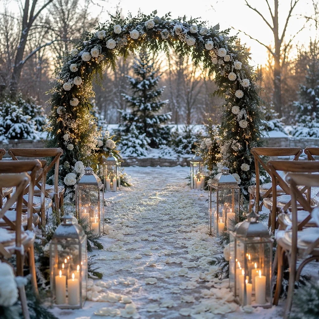Outdoor Winter Wedding Floral Arch at Sunset