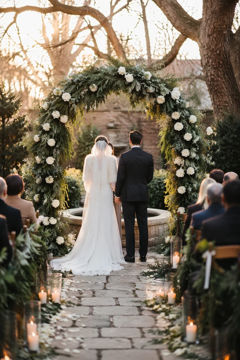 Outdoor Holiday Wedding Beneath Floral Arch