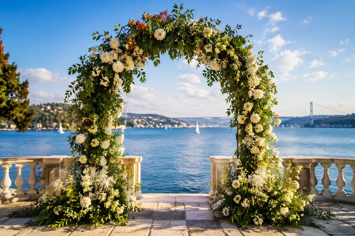 Outdoor Wedding Floral Arch by the Bay