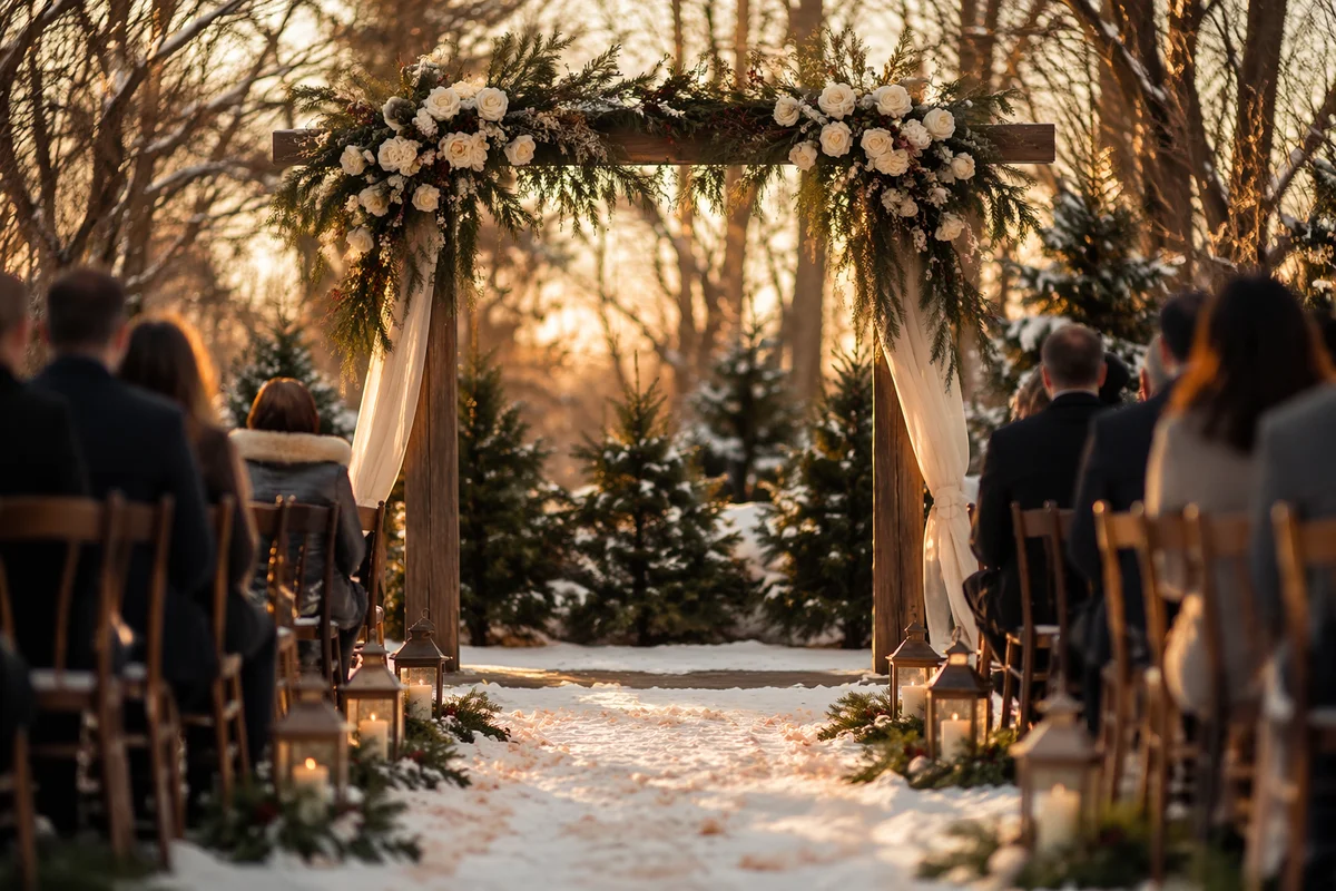 Outdoor Holiday Wedding Arch with Winter Flowers