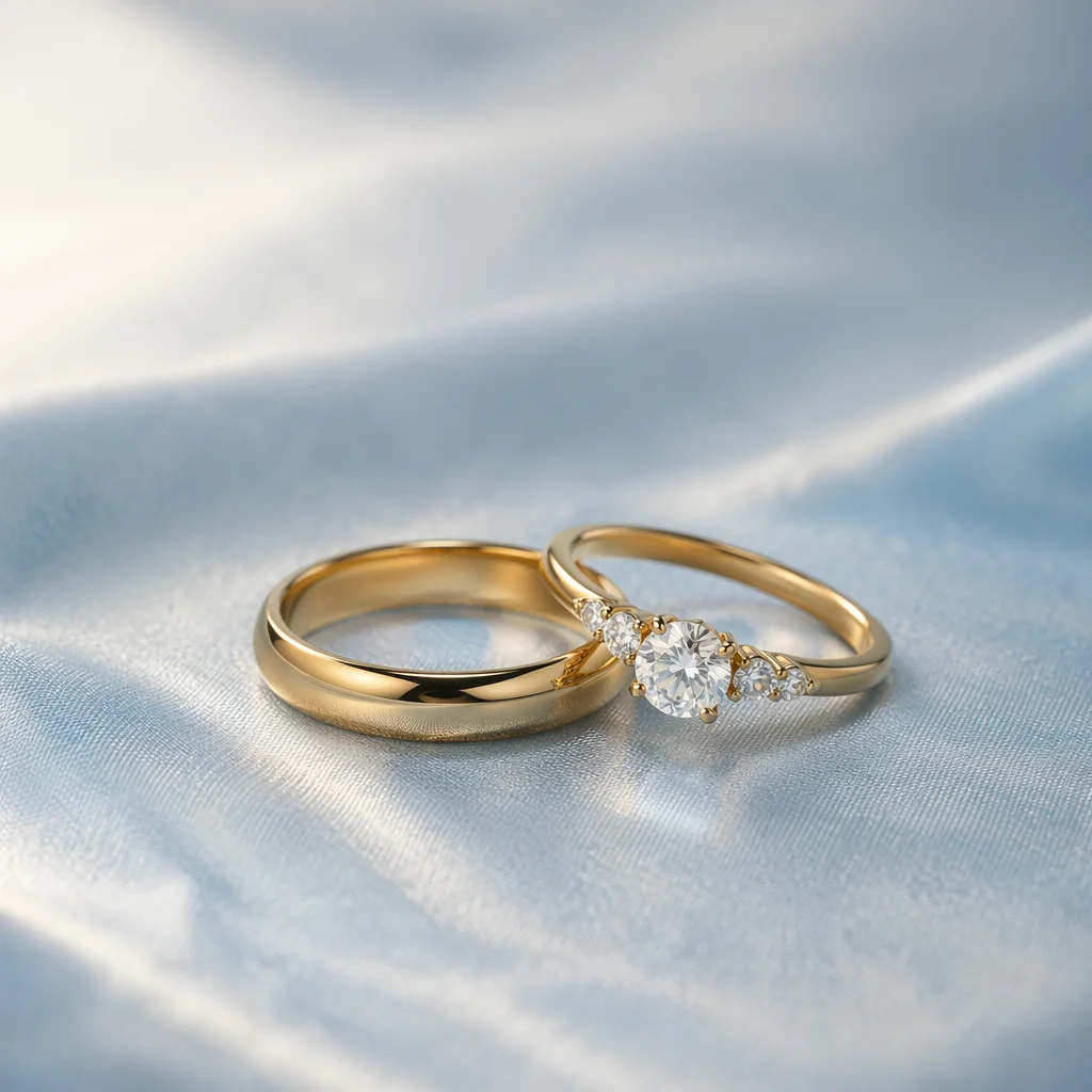 Elegant Gold Wedding Rings on Ice Blue Satin
