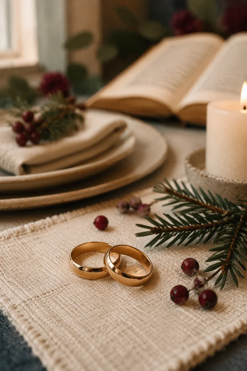 Elegant Gold Wedding Rings with Holiday Greenery