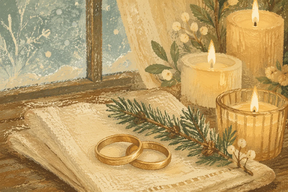 Elegant Gold Wedding Rings with Holiday Candlelight