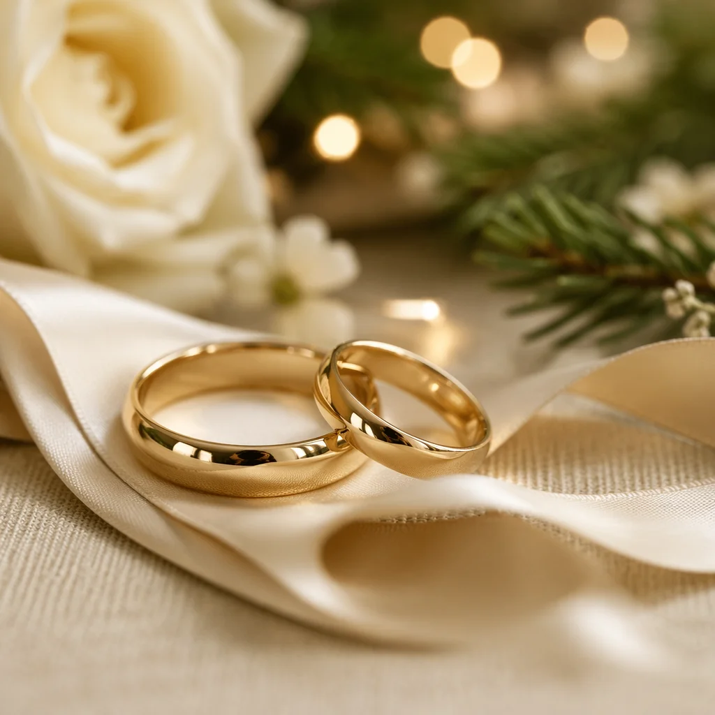 Elegant Gold Wedding Rings Holiday Close-Up