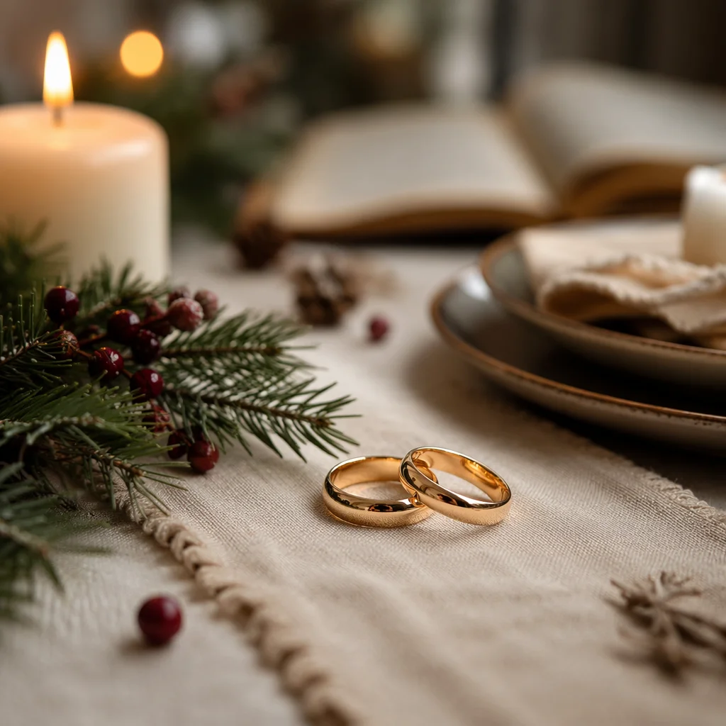 Elegant Gold Wedding Rings with Holiday Candlelight