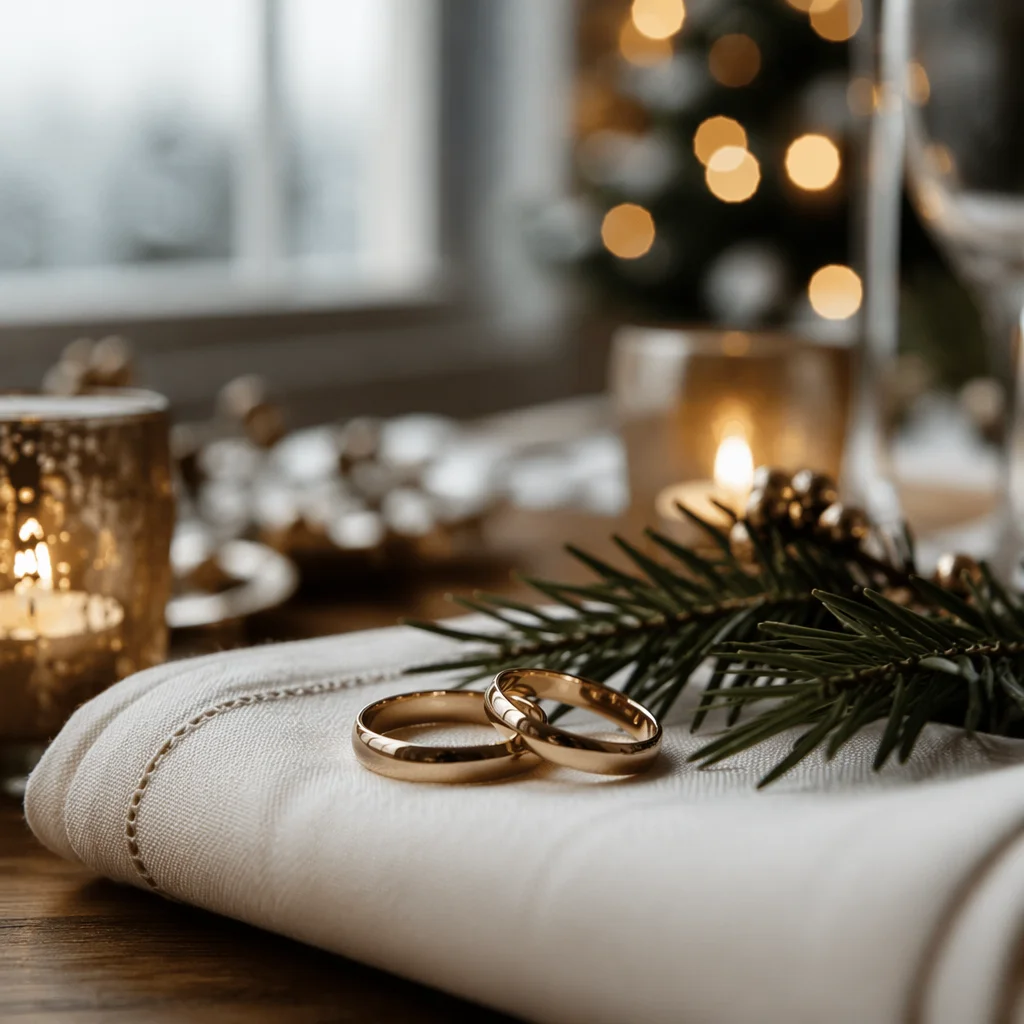 Elegant Gold Wedding Rings with Holiday Candlelight