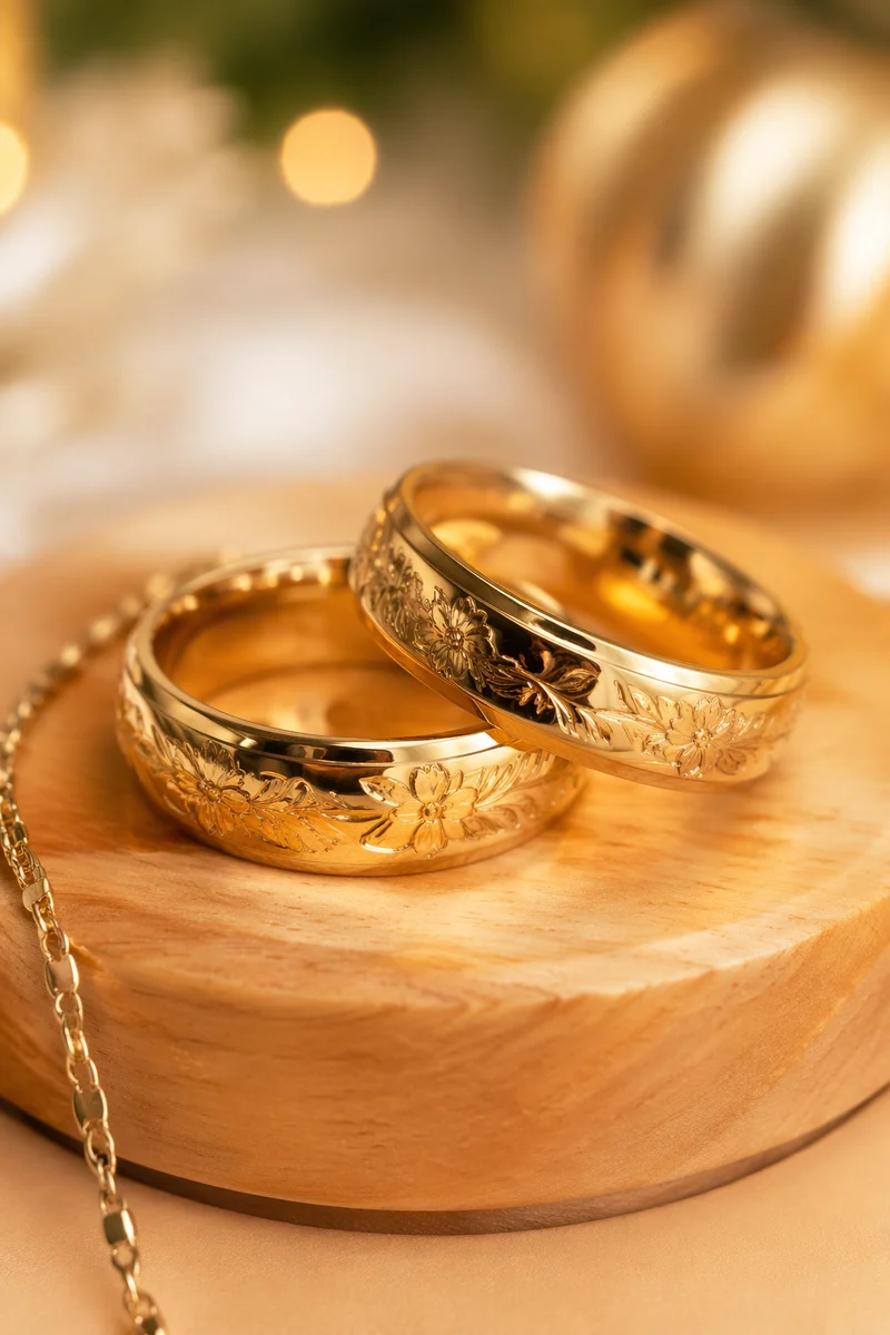 Elegant Gold Wedding Rings in Holiday Light