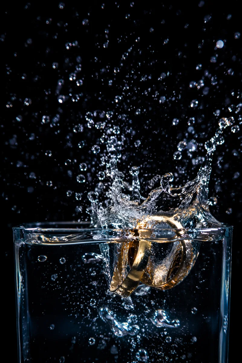 Gold Wedding Rings Splashing in Crystal Water