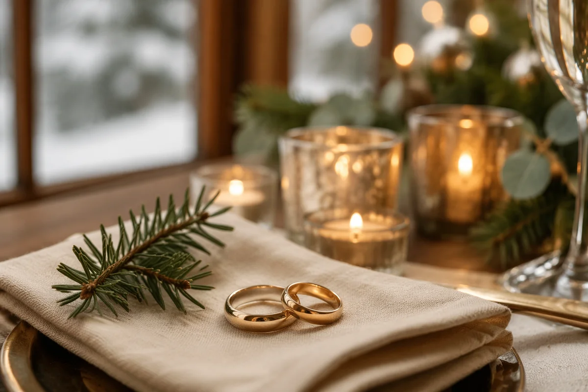 Elegant Gold Wedding Rings with Holiday Candles