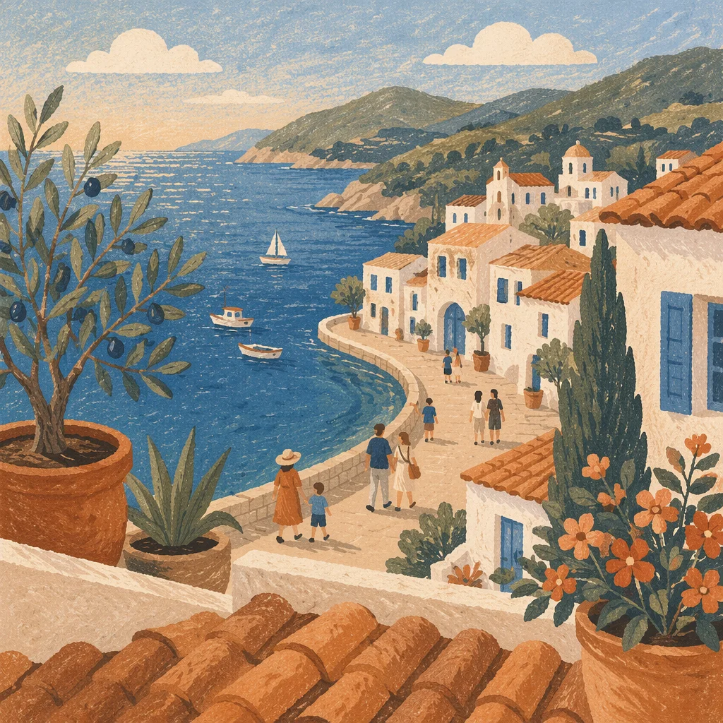 Sunlit Balcony View Over Coastal Village