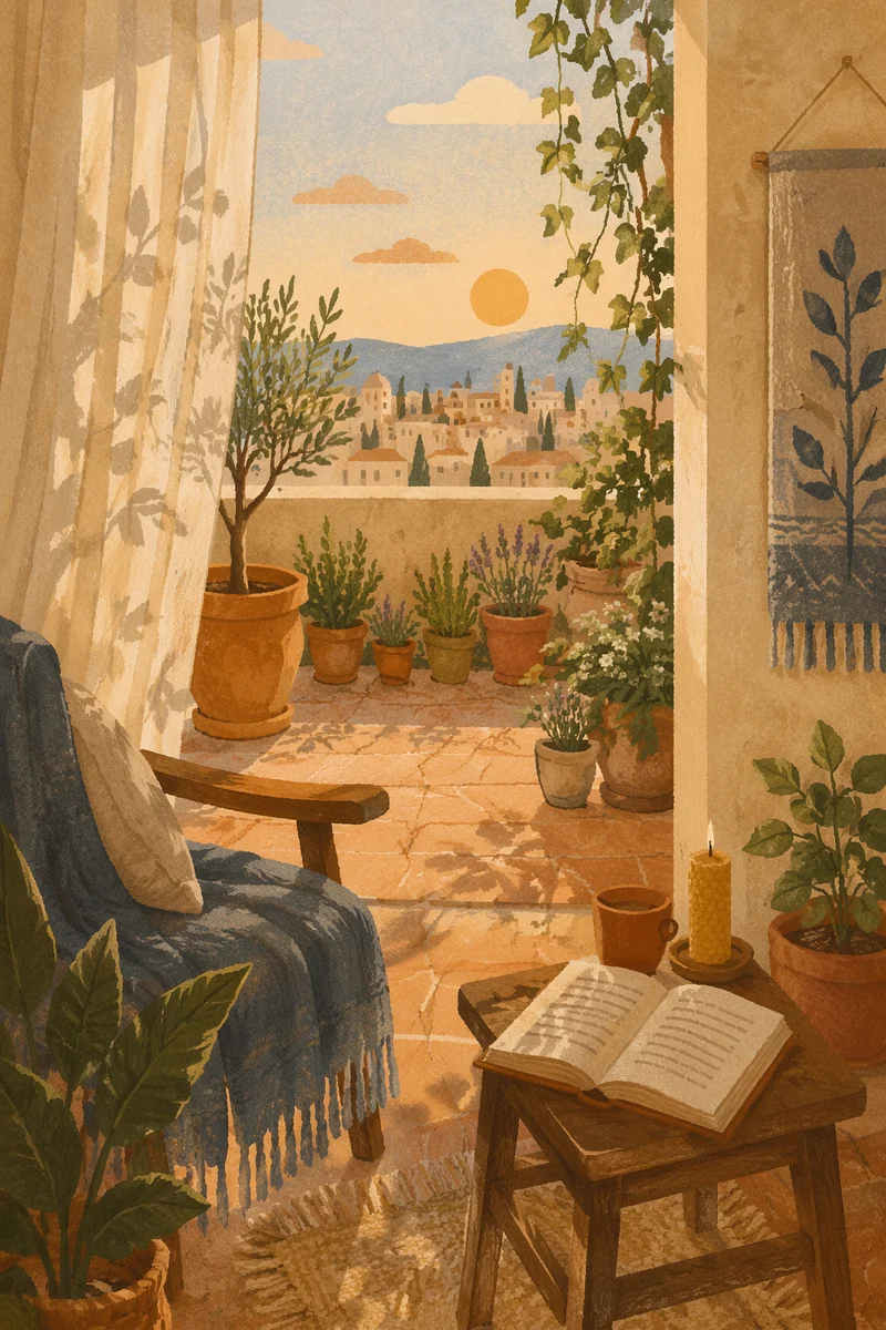 Cozy Balcony Reading Nook at Sunrise
