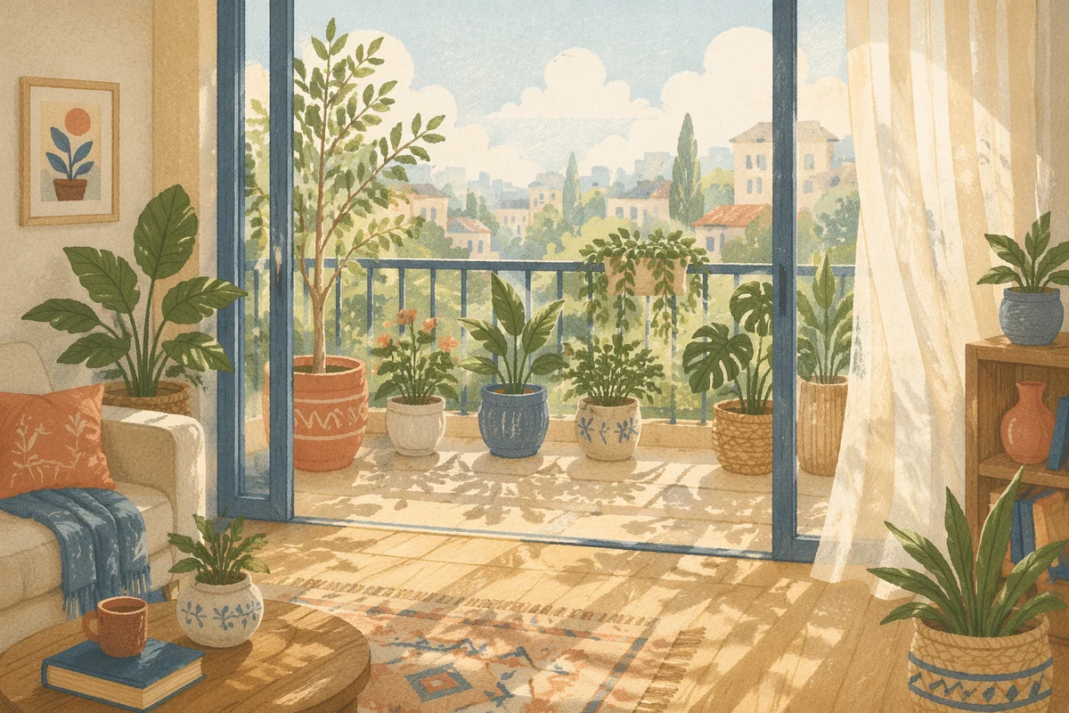 Morning Balcony Terrace with Lush Potted Plants