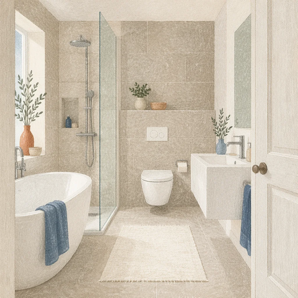 Modern White Bathroom with Clean Greige Tiles