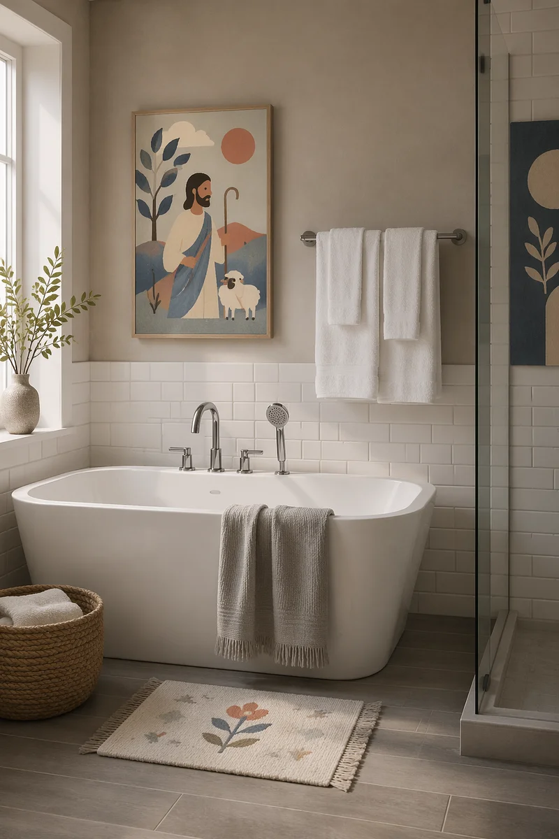 Modern White Tile Bathroom with Spa Bathtub