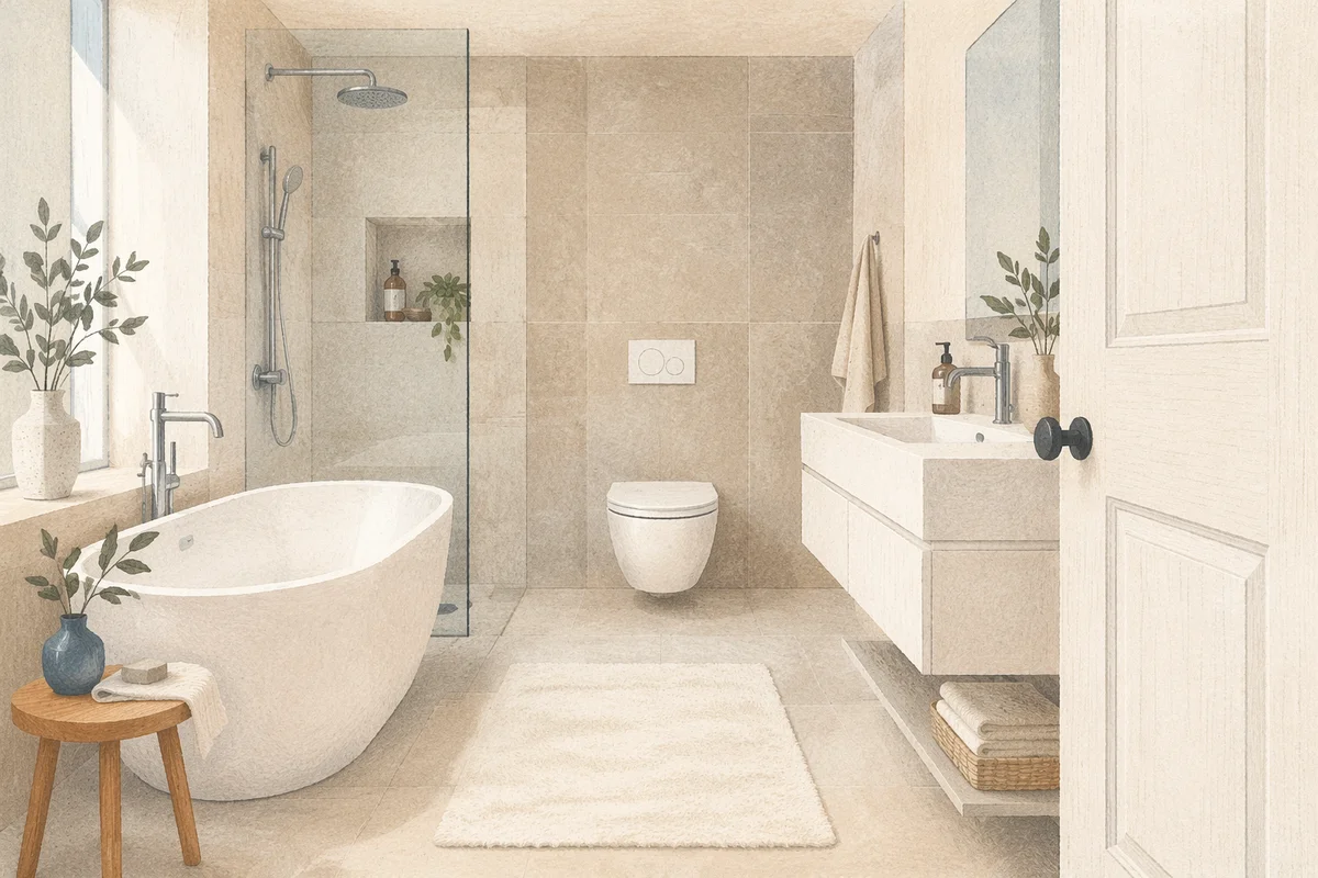 Modern White Bathroom with Greige Tiles