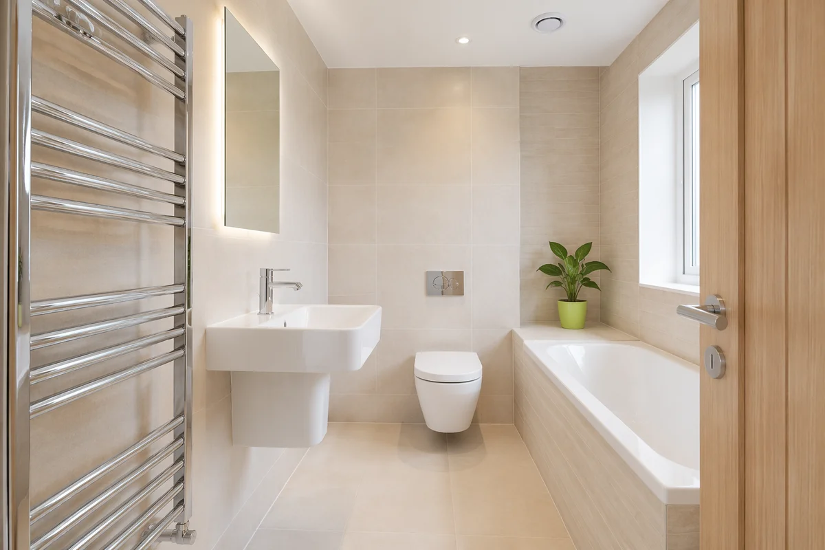 Modern Clean White Tile Bathroom Interior