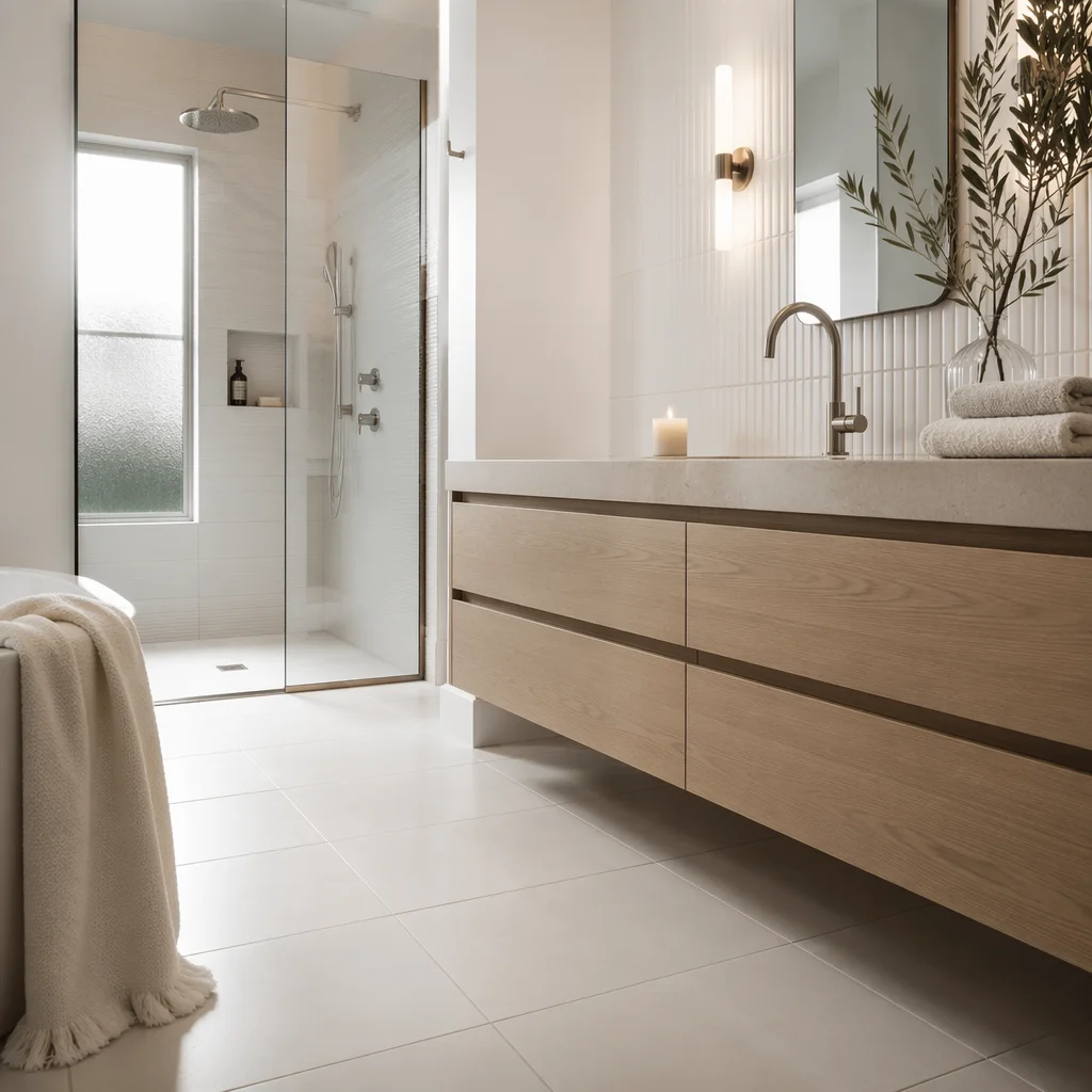 Modern White Tile Bathroom with Oak Vanity