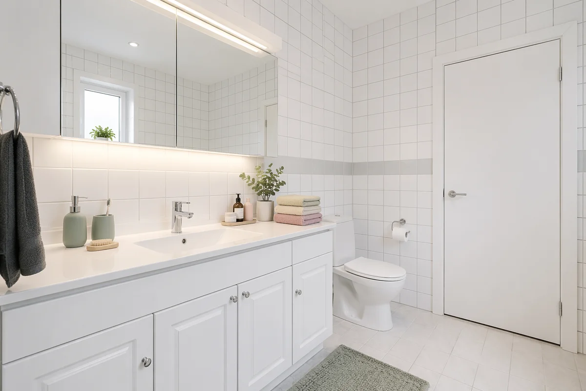 Clean Modern Bathroom With White Glossy Tiles