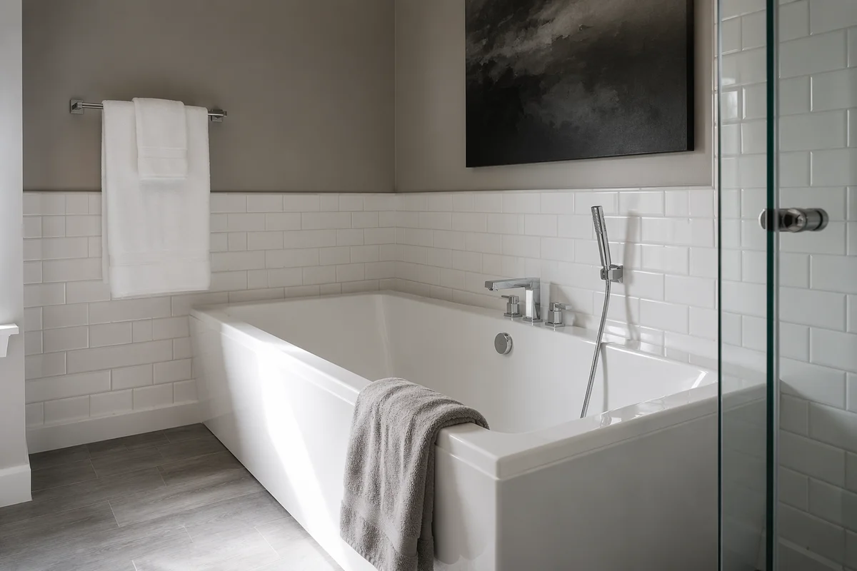 Clean Modern White Tile Bathroom Interior