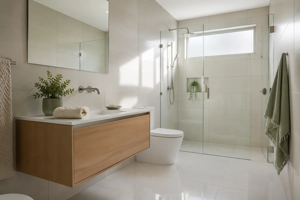 Modern Clean White Tile Bathroom Interior