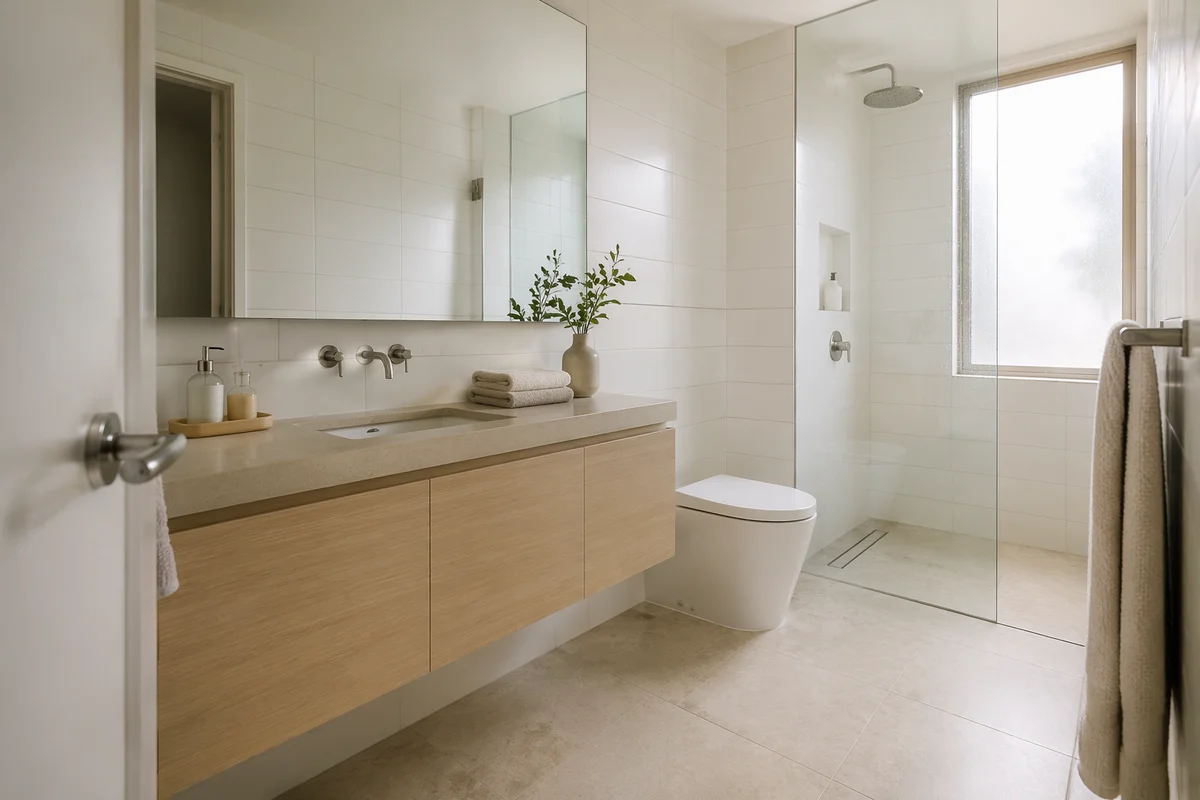 Modern Minimalist White Tile Bathroom Interior