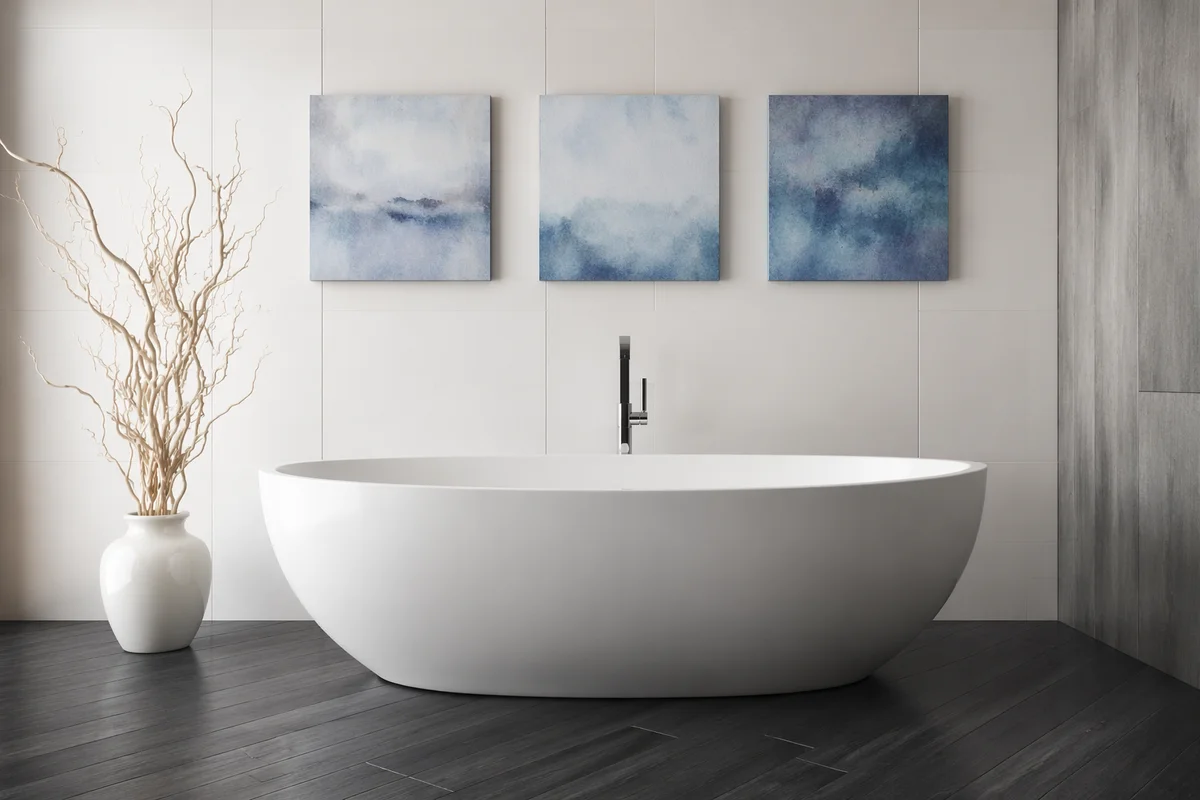 Modern White Spa Bathroom with Blue Art