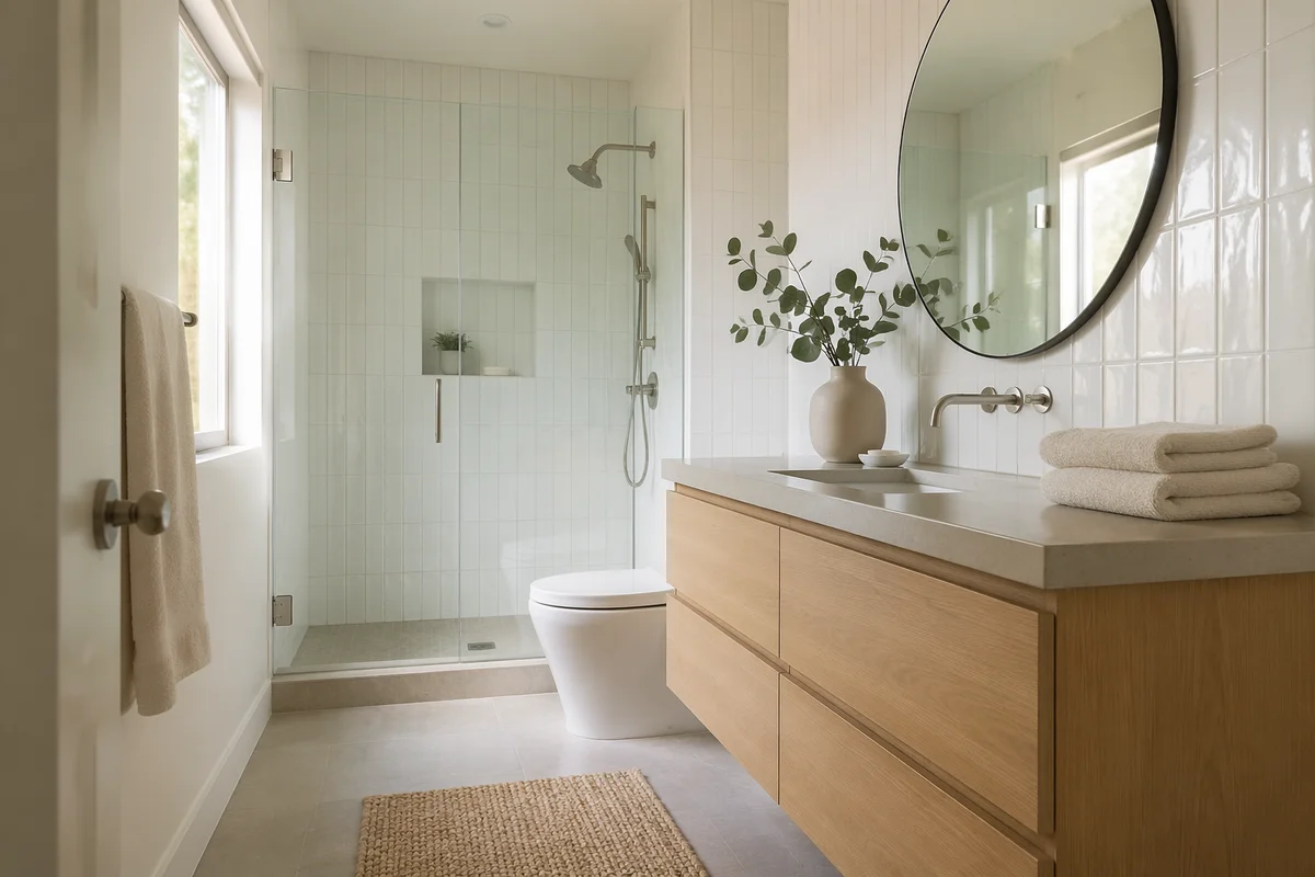 Modern White Tile Bathroom with Oak Vanity