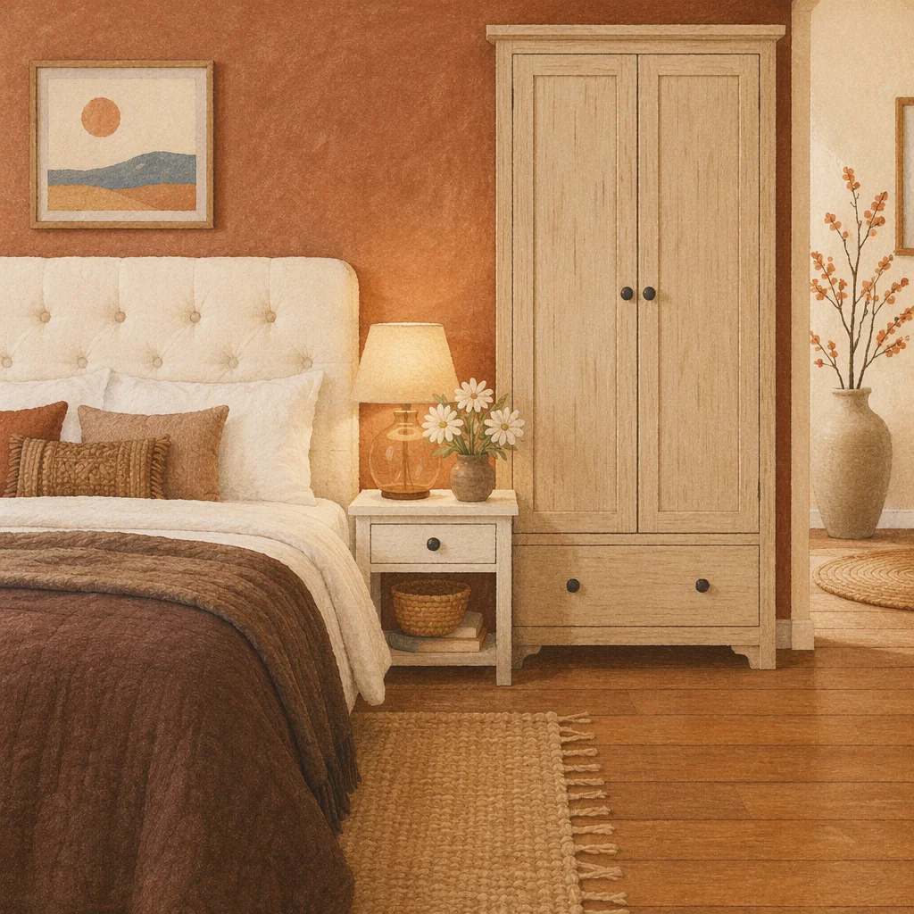 Cozy Bedroom With Warm Bedside Lamp
