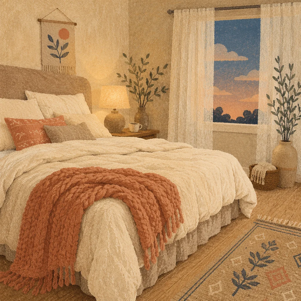 Cozy Bedroom Bed with Warm Evening Light