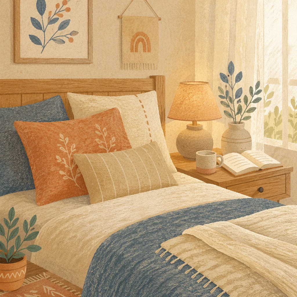 Cozy Bedroom Bed with Warm Lamp
