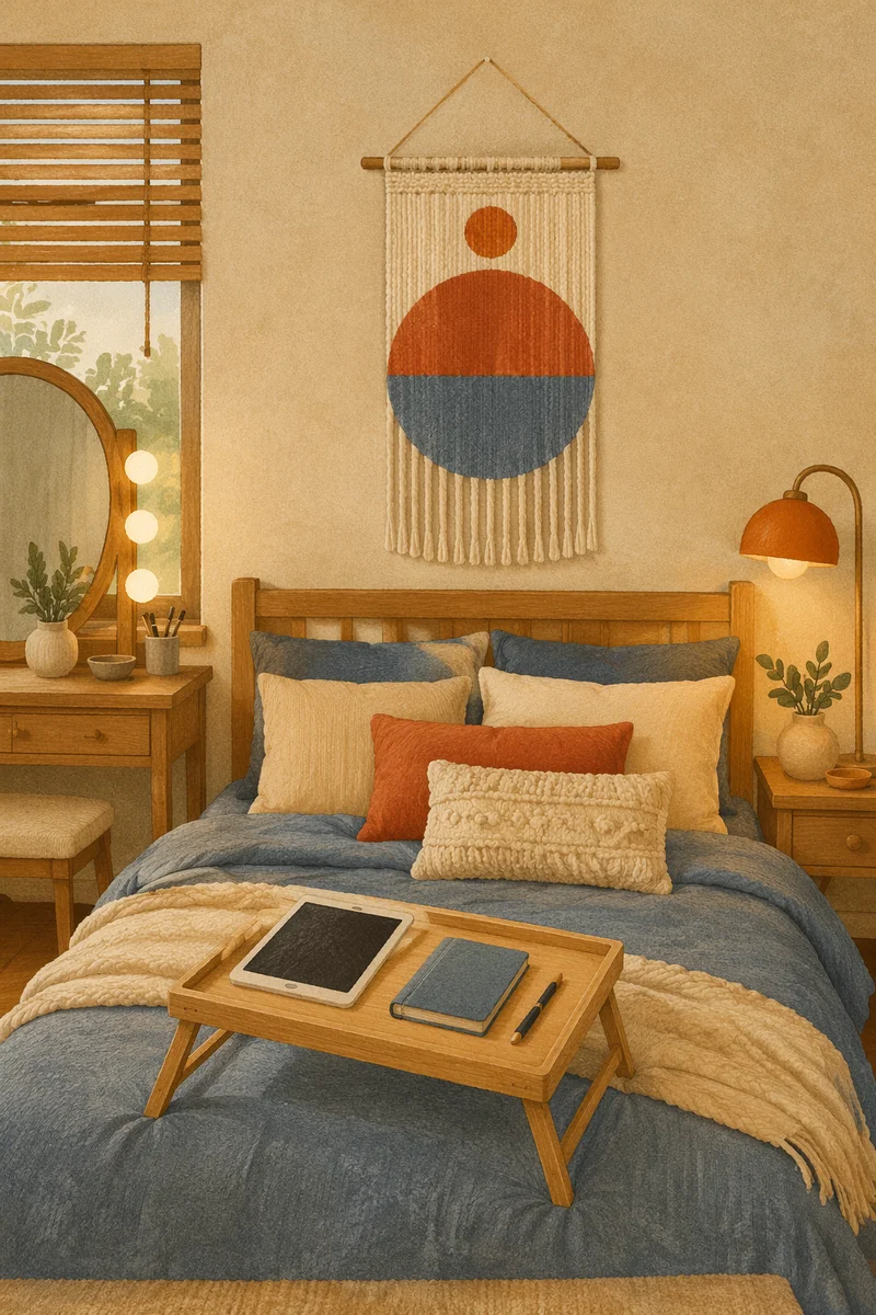 Cozy Warm Bedroom with Woven Wall Decor