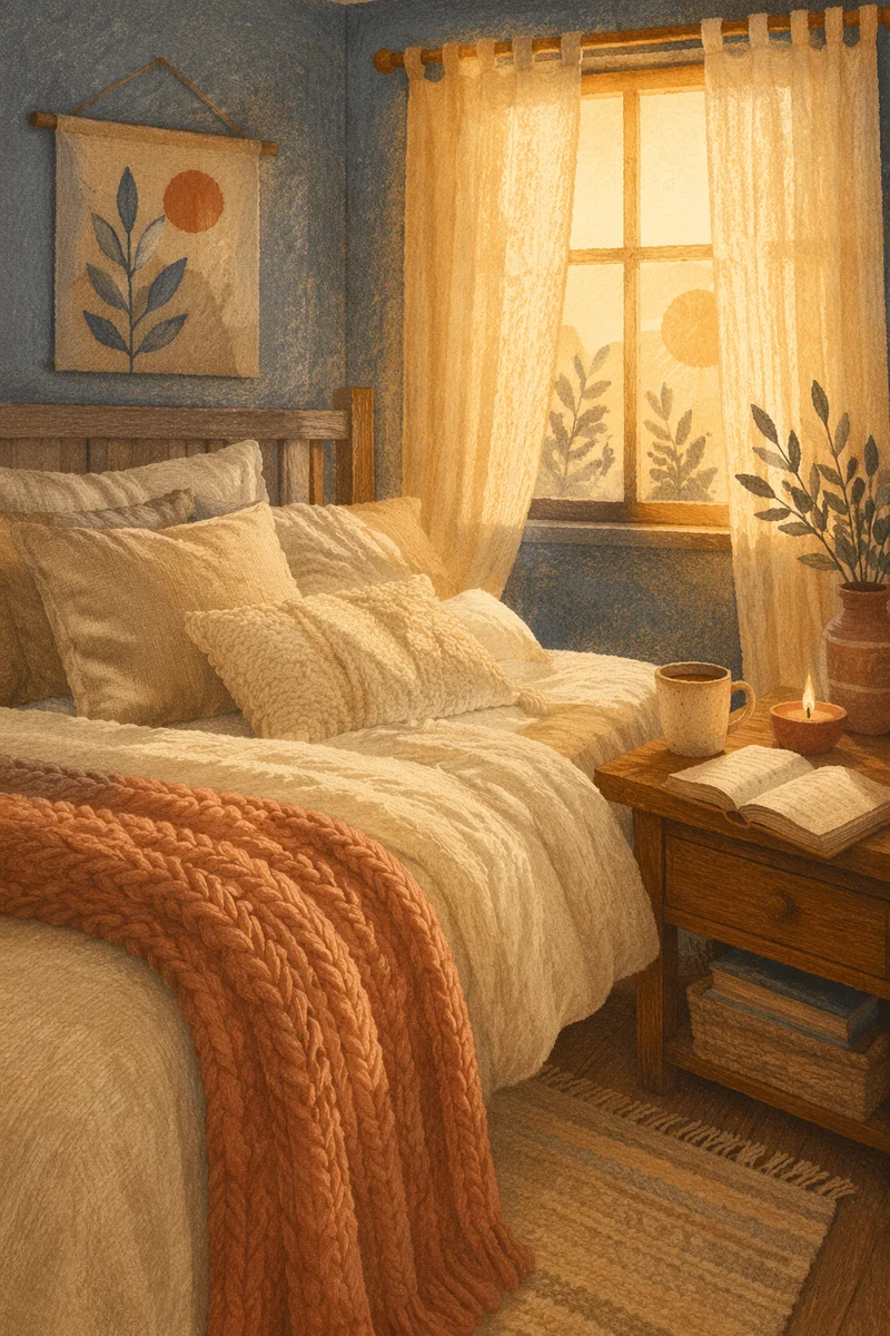 Cozy Bedroom Bed in Warm Dawn Light