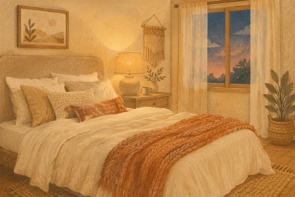 Cozy Bedroom Bed in Warm Evening Light