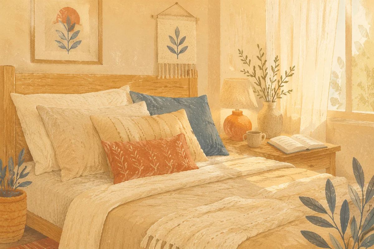 Cozy Bedroom Bed with Warm Lamp