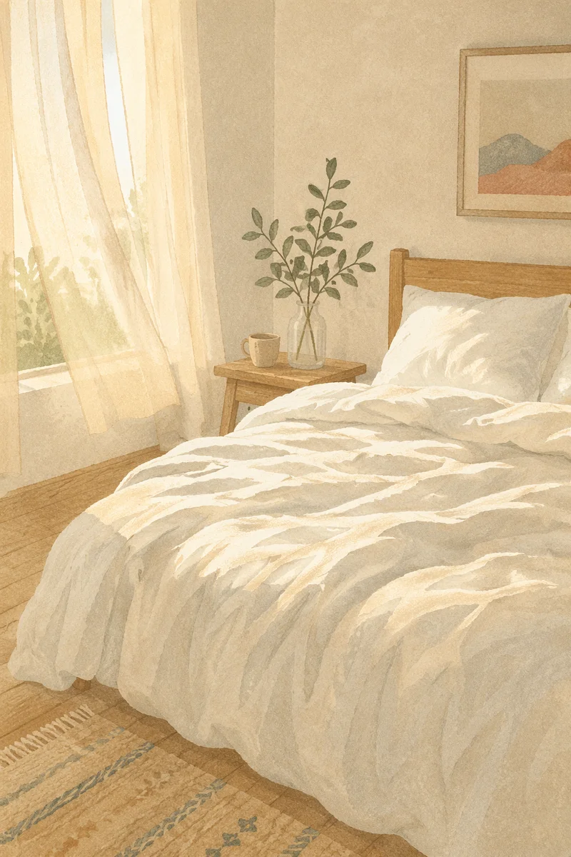 Peaceful Bedroom Morning Light and White Sheets