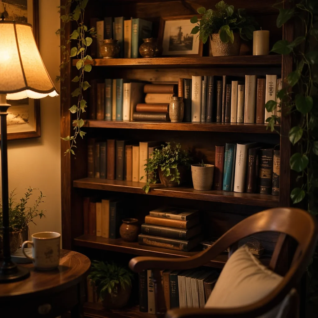 Cozy Bookshelf Reading Corner with Warm Light